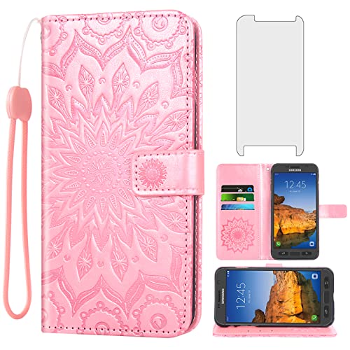 Phone Case for Samsung Galaxy S7 Active Wallet with Tempered Glass Screen Protector Leather Slim Flip Cover Card Holder Stand Cell Glaxay S7Active Gaxaly S 7 7Active 7s Galaxies G891A Women Rose Gold