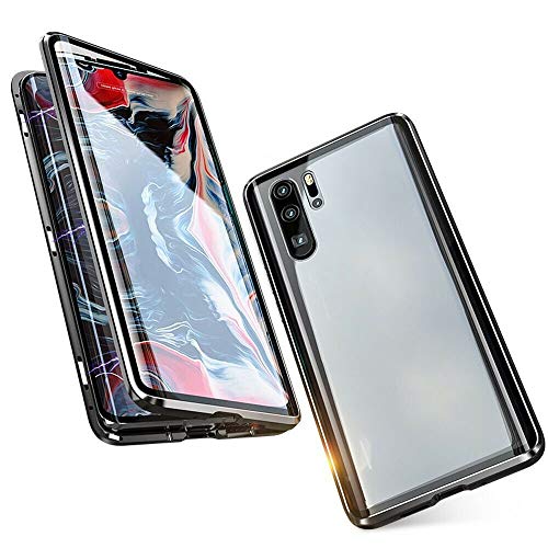 Mediatech Funda para Huawei P30 Pro, Fuerte absorción magnética, Ultra Fina, 360 Grados, Marco de Metal, Vidrio Templado, Parte Trasera para Huawei P30 Pro (Transparente Negro 6.47 Bumper)