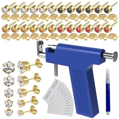 YINPAD Ear Piercing Gun Reusable Ear Piercing Kit Package Includes 24 Pcs Hypoallergenic Stud Earrings 10 Pcs Cubic Zirconia Fashion Earrings 24 Pcs Hygiene Cleaning Pads (Gold)
