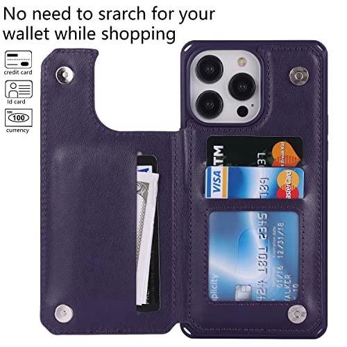 Image of Cavor for iPhone 14 Pro Case with Card Holder,iPhone 14 Pro Wallet Case for Women Men,Phone Case for iPhone 14 pro with Stand Credit Card Holder, Leather Strap Shockproof Cover- Dark Purple