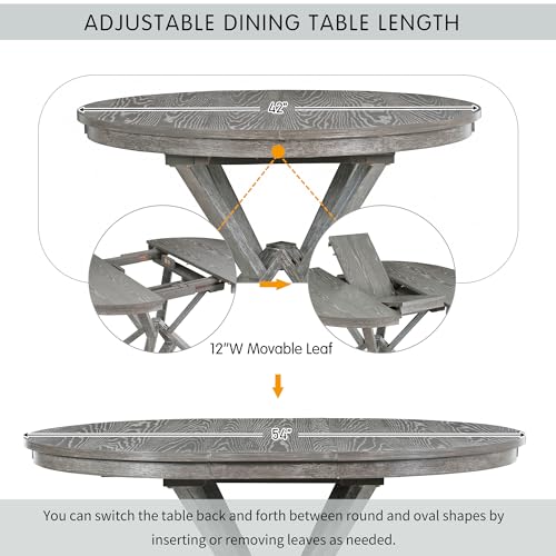 Image of 5-Piece Extendable Dining Set, Retro Kitchen Table for 4 6 People with Removable Middle Leaf and 4 Upholstered Chairs, Round Dining Table for Kitchen, Dining Room, Grey