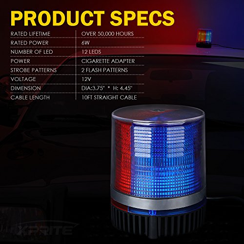Xprite Red & Blue Led Rooftop Beacon Strobe Light Magnetic Base, Safety Warning Police Flashing Lights For Law Enforcement Vehicles Forklift Patrol Security Trucks Cruiser Utv Atv Snowplow Volunteer #TOP6
