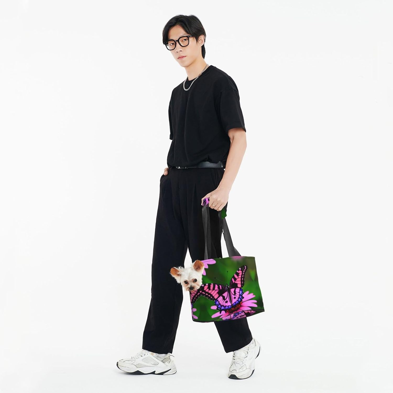 Pink Flower Purple Butterfly Print Portable Foldable Shoulder Bag for Travel,with Collar Hook and Handle Pad,Cute Stylish Design