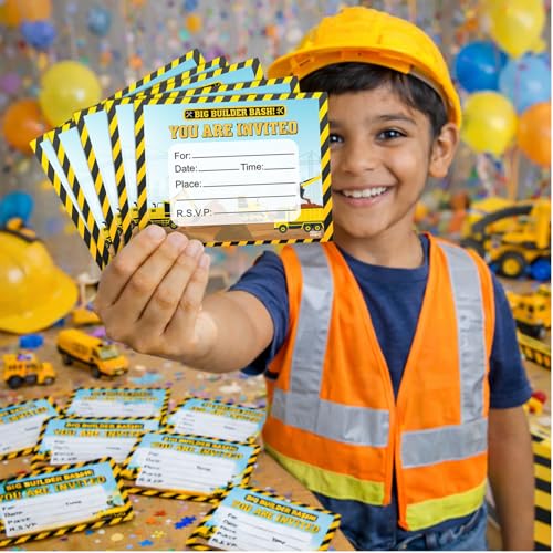 Image of Party Propz Construction Theme Birthday Invitation Cards - 20 Pcs, Big Builder Bash Kids Invitation Card For Birthday, Double-Sided Construction Theme Cards for Boys (Cardstock)