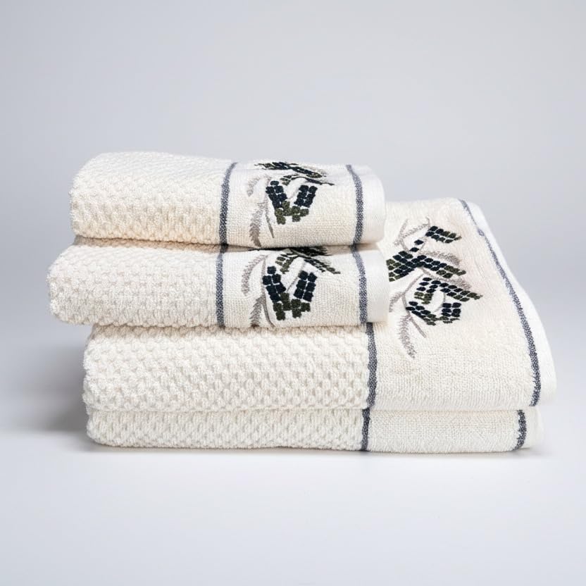 Image of SENSES By Riba Cotton Embroidered Towel Set, 550 GSM Soft & Absorbent, Antimicrobial, Oeko-Tex Certified | Ideal for Home & Gifting, Pack of 4 (2 Bath 27 inchX50 inch + 2 Hand Towels 16 inchX26 inch) - Style 6