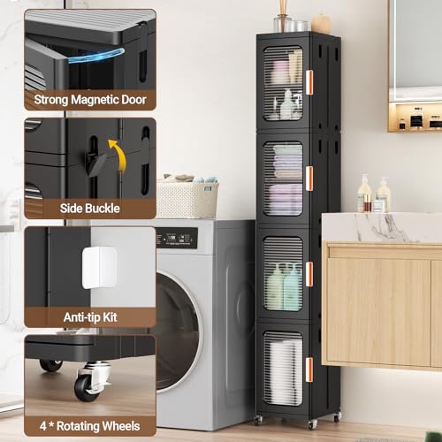 Image of BROVIEW 3-Tier Tall Narrow Storage Cabinet Organizer, Slim Bathroom Cabinets with Adjustable Shelves and Doors, Plastic Kitchen Pantry Organizers and Storages for Small Space, Laundry, Black