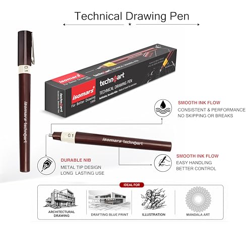 Image of Isomars Technoart Fineliner Technical Drawing Pen 0.5mm with Black Waterproof Drawing Ink Set | Refillable Precision Pen for Sketching, Drafting, Architecture & Mandala Art