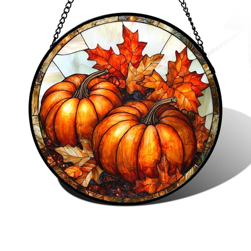 DASTOLL Stained Glass Window Hanging Pumpkin Maple Leaf Suncatcher for Doors Home Sun Catchers Decoration and Christmas Mothers Day Birthday Gifts for Women Men and Mom 7.8 in
