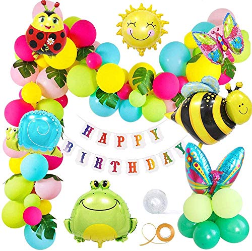 Bumble Bee Birthday Party Decorations, Insect Balloons Garden Colorful Birthday Supplies for Kids Boys Girls with Sun Balloon Palm Leaves Happy Birthday Banner