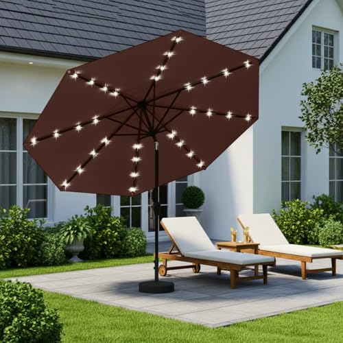 Image of 9' Solar LED Patio Umbrella with Tilt & Crank|8 Sturdy Ribs,UV Protection,Outdoor Market Table Umbrella for Deck,Lawn,Pool,Backyard(Brown)