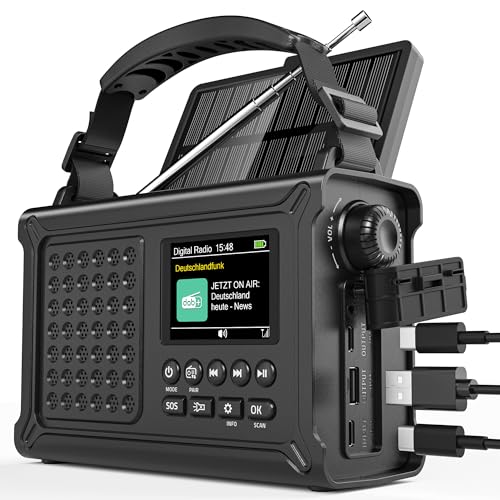12000mAh Kurbelradio | DAB/DAB+/UKW mit Bluetooth 5.0 | Notfallradio mit 8500mm² Solarpanel & 650mA Handkurbel | Tragbar Dynamo Solar Radio | Als Taschenlampe & Ladegerät | Für Camping Notfall