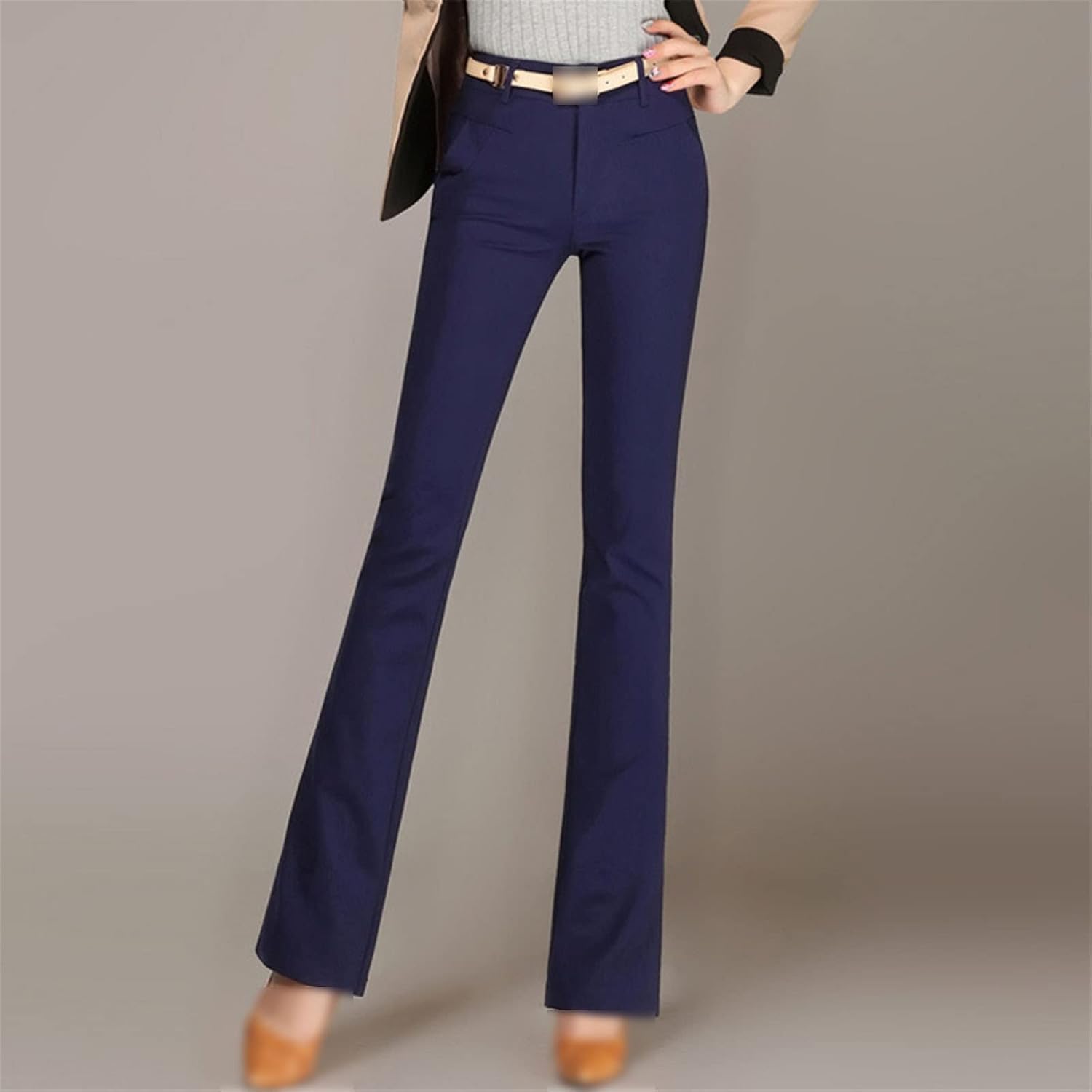Kelsiop Women's Slim Spring and Summer Cotton Flared Pants Slim Elastic Solid Color Mid-Waist Office OL Trousers