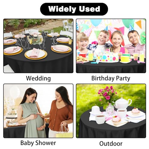 Image of Kopokita 2 Pack Black Round Disposable Plastic Tablecloths 84 inch | Party Table Covers for Birthday, Graduation, Back to School, Halloween Decorations