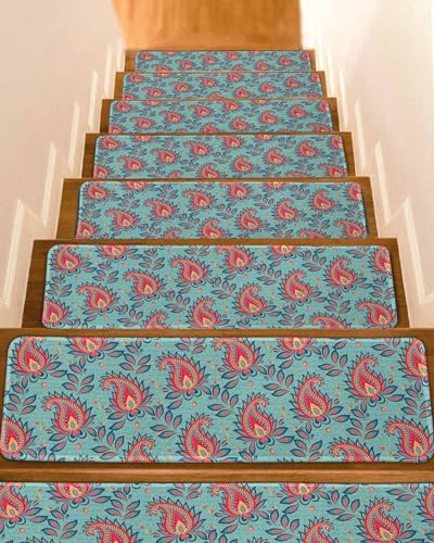 Stair Treads for Wooden Steps Indoor, Boho Red Cashew Flower