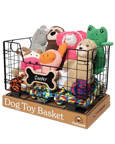 Metal Dog Toy Basket for Dogs and Cats (15 x 10 x 9) - Heavy-Duty Storage Bin Holds Pet Chew Toys Bones Ropes Blankets Towels Treats - Large Dog Toy Box for Living Room Area Organization