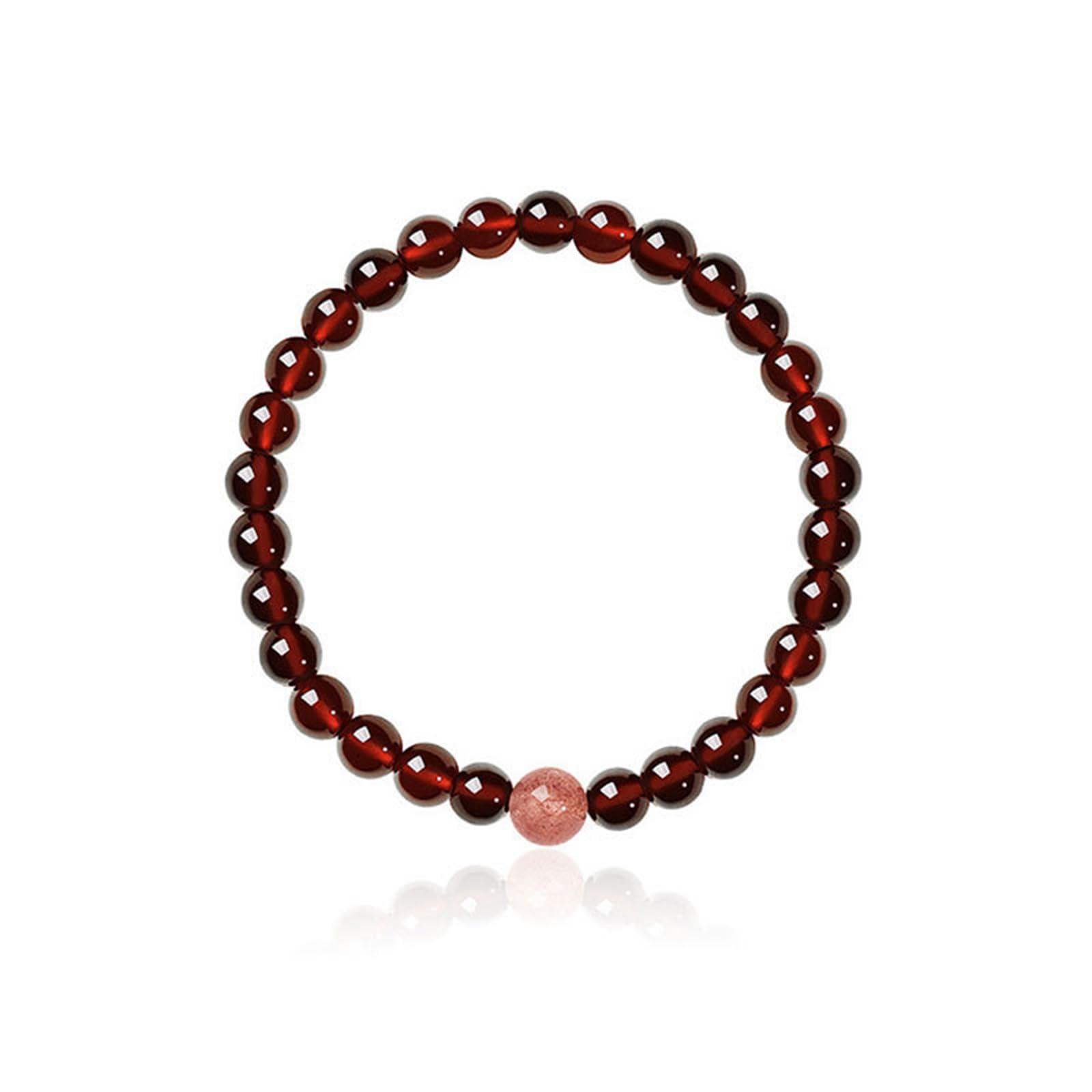 Bracciale Elastico a Giro Singolo in Granato Rosso Naturale (5 mm) | Gioielli di guarigione energetica di messa a terra, braccialetto unisex con perlina di accento di cristallo rosa fragola