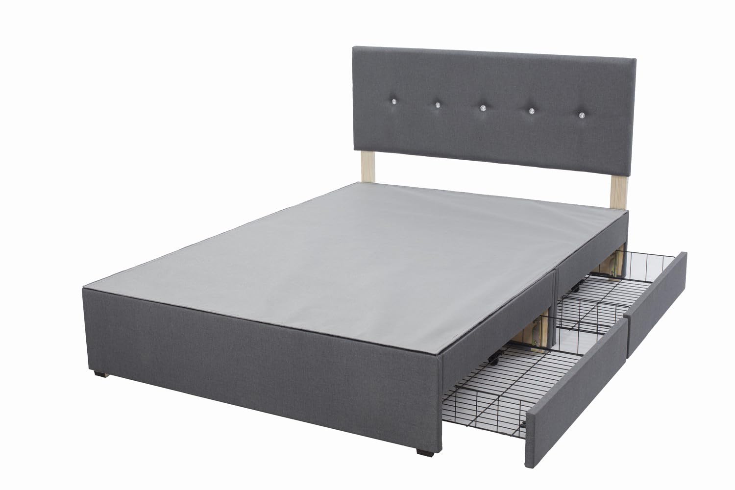 Panana Grey Divan Double Bed Linen Fabric Divan Bed Frame With/without Headboard Storage Drawers (with Crystals Headboard, 2 Side Drawers, 4FT Small Double)