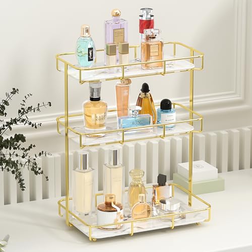 Image of Bathroom Organizer Countertop Perfume Organizer Makeup Organizer Cosmetics Storage Display Rack Vanity Tray Dresser Stainless Steel Gold Shelf White Marble Ceramic Tray