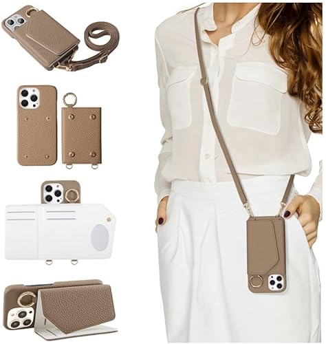 HANDODO Wallet Case Compatible iPhone 13 Pro Max,Women Vegan Leather Detachable Crossbody Phone case with RFID Blocking Card Holder Adjustable Strap Shockproof Kickstand Phone Wallet(Greige)