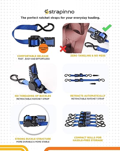 Image of Strapinno 4 Pack Auto Retractable Ratchet Straps Bundle -1 in x 6 ft, 1500 LBS Break Strength Each, Heavy Duty Tie Down Straps for Cargo Securing, Weather Resistant Safety S-Hooks, Blue Strap