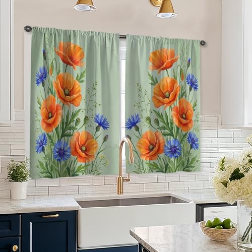 Rideaux de cuisine coquelicots, verdure naturelle de bleuet printanier, rideaux à motifs orange pour buanderie, évier, couloir, appartement, décoration de...