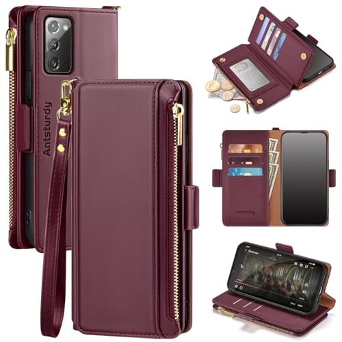 Antsturdy Compatible with Samsung Galaxy Note 20 5G Wallet case with Card Holder for Women Men Phone case RFID Blocking PU Leather Flip Shockproof Cover with Strap Zipper Credit Card Slots,Wine Red