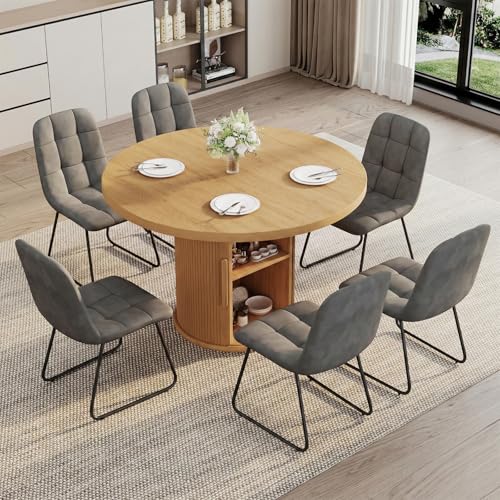 Image of 5-Piece Dining Set for Small Spaces 43.3 inch Round Table & 4 PU Leather Chairs, Modern Farmhouse with Storage Shelf, Apartment Kitchen Easy Assembly (Natural Color Round Table + 4 U-Shaped Gray Chairs)