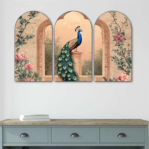 Image of Livin'luxe Peacock Wall Art | Set of 3 MDF Panel Paintings | Vintage Floral Theme Decorative Wall Hanging for Living Room, Bedroom, Office & Home Interiors (20 x 30 Inch) RPNS-04