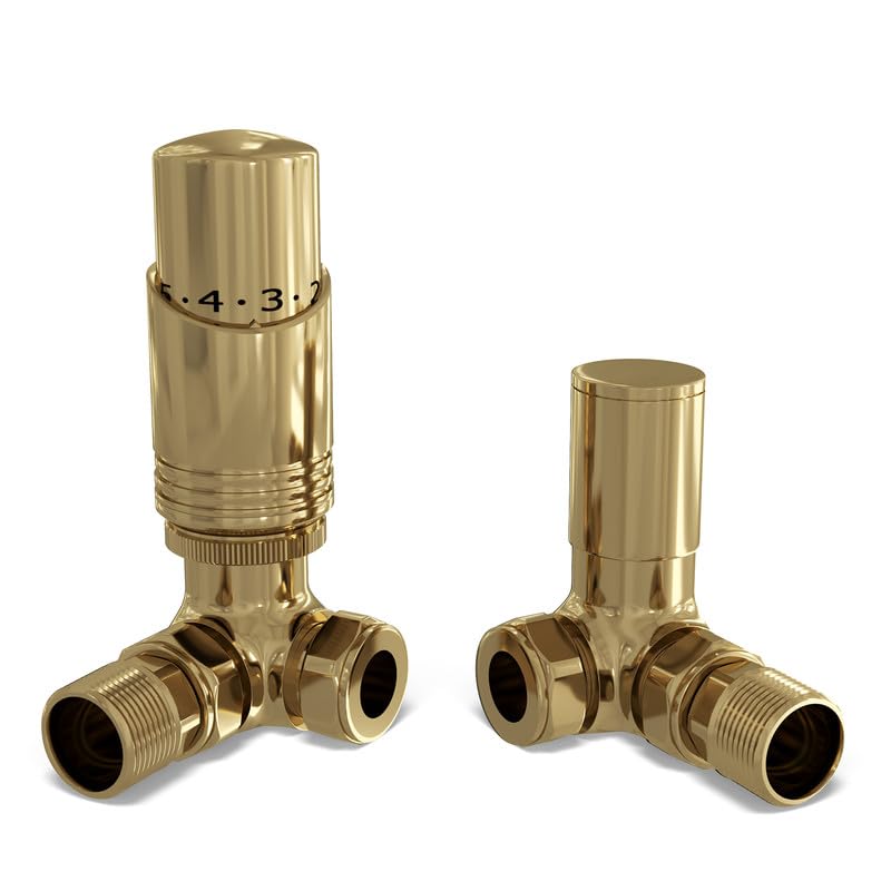 UK Radiators Polished Brass Thermostatic Radiator Valve 10mm Corner Lockshield in Polished Brass Color and Polished Finish - Classy and Modern Design 1/2" x 10mm Corner Radiator TRV — image 1