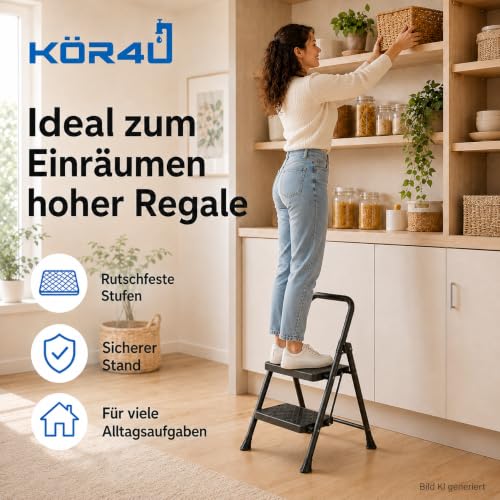 kör4u Trittleiter 2 Stufen, 150kg belastbar, klappbar, rutschfest, schwarz