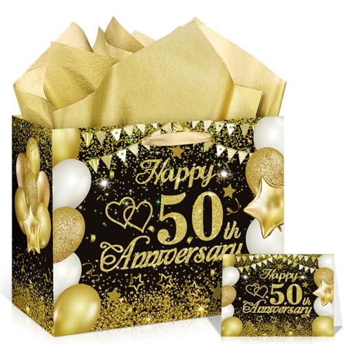 CASLON Black Gold 50th Anniversary Party Gift Bag with Tissue Papers and Card, 50th Wedding...