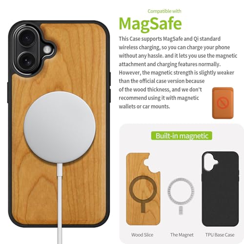 Image of Carveit Wood Case for iPhone 16 Plus, Natural Grain, Cherry | Magnetic iPhone 16 Plus Case Compatible with MagSafe Wireless Chargers, Engraved Wood with Soft TPU Shockproof Bumper