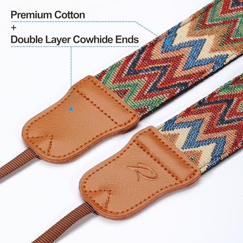 Image of Padwa Lifestyle Camera Strap - 2 inch Cowhide Head Camera Straps for Photographers,Vintage Jacquard Embroidery Woven Cotton Adjustable Shoulder Neck Straps for Cameras,Binoculars（Cool Ethnic Style Waves）
