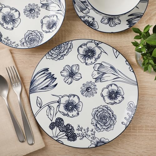 Image of Gibson Home Westerly Court 16-Piece Dinnerware Set, Blue Floral Stoneware Plates & Bowls, Service for 4, Round Durable Everyday Dish Set