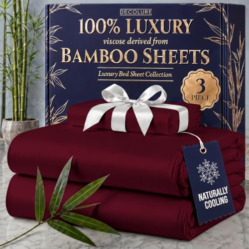 Image of DECOLURE 100% Viscose Derived from Bamboo Sheets Twin Size - Luxury 3 Pc Naturally Cooling Sheets, Ultra Soft Bed Set - Deep 17 inch Pockets, Durable Double Stitching, Oeko Tex Standard (Burgundy)
