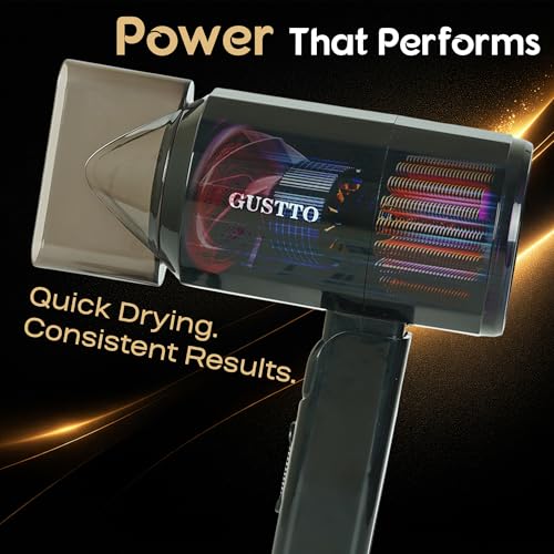 Image of GUSTTO Foldable Hair Dryer, 1100W, 2 Heat and Speed Settings, Compact Travel Size with Hanging Ring (Hexagonal Black), BIS Certified