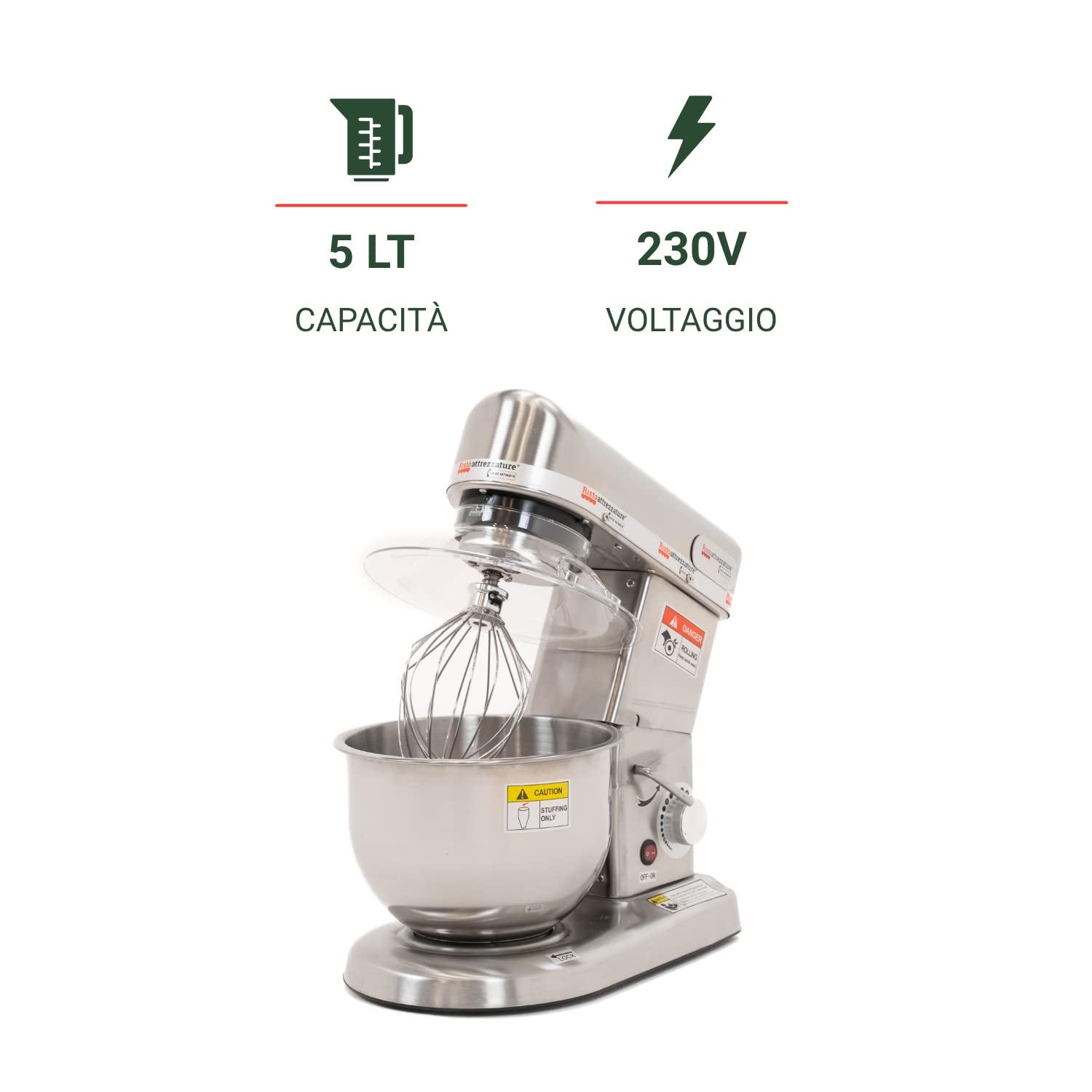 Ristoattrezzature Planetaria Impastatrice Professionale Monofase - Capacità 5 lt (Capacità Farina 500g, Capacità Impasto 2 kg) - Giri Motore 0-302 Rpm, Potenza 0.5 kW