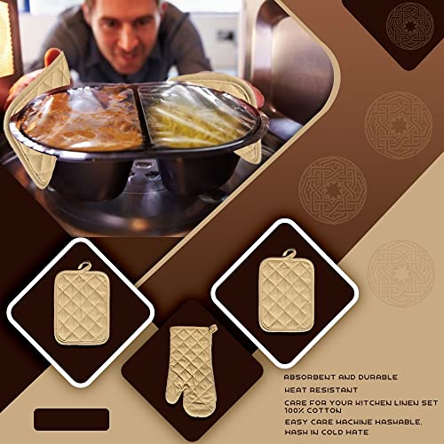 Lobyn Value Packs Heavy Duty 100% Cotton Quilted Beige Oven Mitt & 2 Potholders Set Tan Premium Heavy Cotton 3-Piece Oven Mitt Set W/ 2 Potholders thumb #4
