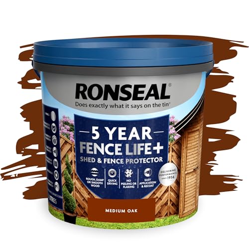 SAVING HUB Fence Paint 5L - Garden Shed Paint, Outdoor Furniture Paints - Exterior Wood Treatment - Used On Rough Swan & Smooth Planed Wood - Sheds & Fences Life Plus - Dry in 4 Hours (Medium Oak)