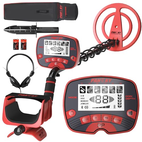 PANCKY Metal Detector for Adults – IP68-Waterproof 10' Coil Gold Detector, 5-Mode DSP Chip, Backlit LCD, Lightweight 2.4 lbs, Treasure Hunting Kit, PK0075, Crimson
