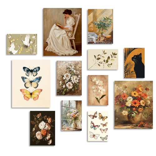 Dazzlewall Affiche de Décoration Murale Vintage Eclectique, Poster Rustique Fleur Papillon en Toile pour Chambre Salon Décoration Non Encadré Set de 12