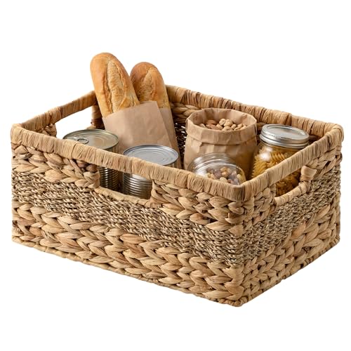 StorageWorks Large Rectangular Wicker Basket, Water Hyacinth and Seagrass Storage Basket with Built-in Handles, 1 Pack