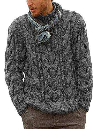 Hestenve Mens Knitted Turtleneck Pullover Sweater Cable Knitted Twisted Chunky Sweaters Dark Grey