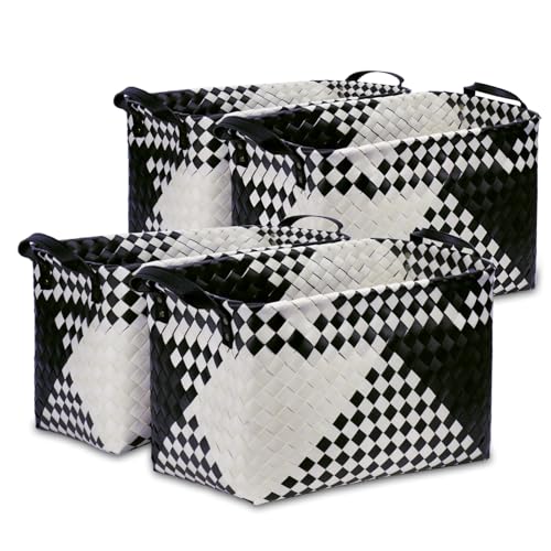 Image of BROWNLILY Handwoven Clothes Basket Laundry Hampers Large Wicker Storage Baskets for Shelves Blankets Closet Storage Bins Car Bedroom Bathroom Organizers and Storage Bath (Pack of 4, Beige & Black)