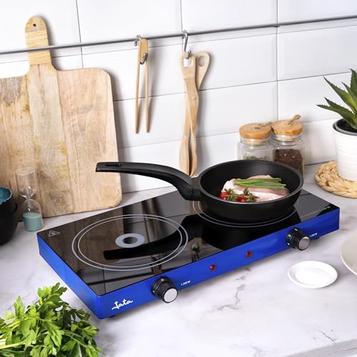 Miniatura 3 de Jata V142 Cocina Eléctrica Vitrocerámica 2 Placas De 16,5 Cm De 1200 W Cada Una, Cuerpo Metálico, 2 Termostatos Regulables De Temperatura, Protección Sobrecalentamiento, Azul