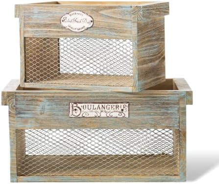 SLPR Openwork Wire Wooden Boxes - Set of 2: Farmhouse Decorative Kitchen Storage, Rustic Country Style Nesting Baskets, Vintage Wood Crates for Display, Washed Wood Storage Bins, Crates for Decoration