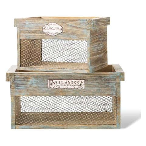 Soul & Lane Wooden Crate with Metal Plate (Set of 2) | Rustic Farmhouse Country Style Antique Old Fashioned Perfect for Floral Arrangements Gardening Wedding Vintage Country Chic Wood and Wire Box Cover