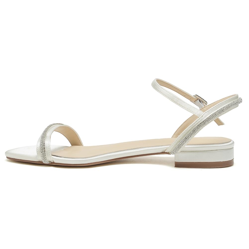 Flache Hochzeitssandalen Damen Satin Strass Knöchelriemen Offener Zehen Slingback Strand Brautschuhe