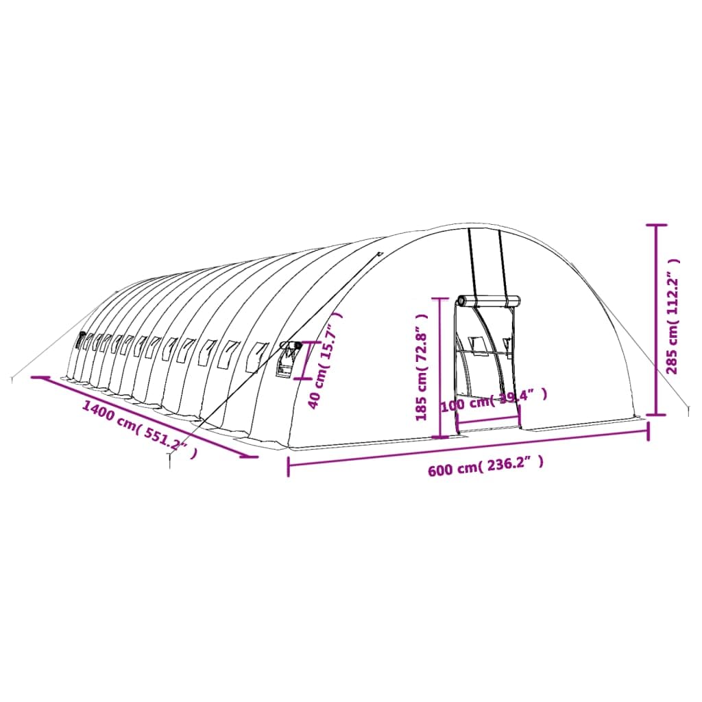 Invernadero con marco de acero verde, 84 m², 14 x 6 x 2,85 m, tienda de campaña de polietileno con puerta y 4 ventanas de red para tomates, cultivo de plantas, protección contra la intemperie