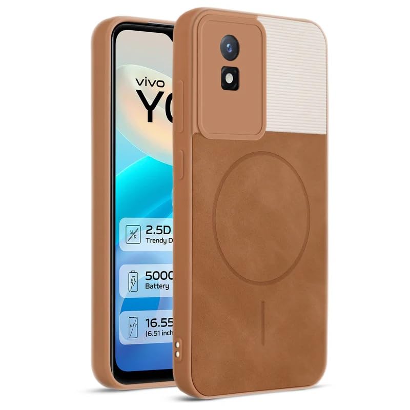 Image of Bintage case Dual-Leather Macc-Safe Design Phone Case| Soft Touch Finish | Full Camera Protectection Back Cover Compatible for Vivo V2252 / Vivo Y02t - White & Nut Brown